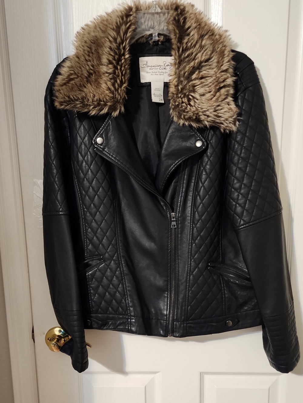American Rag Black Quilted Faux Leather Jacket with Brown Faux Fur Collar